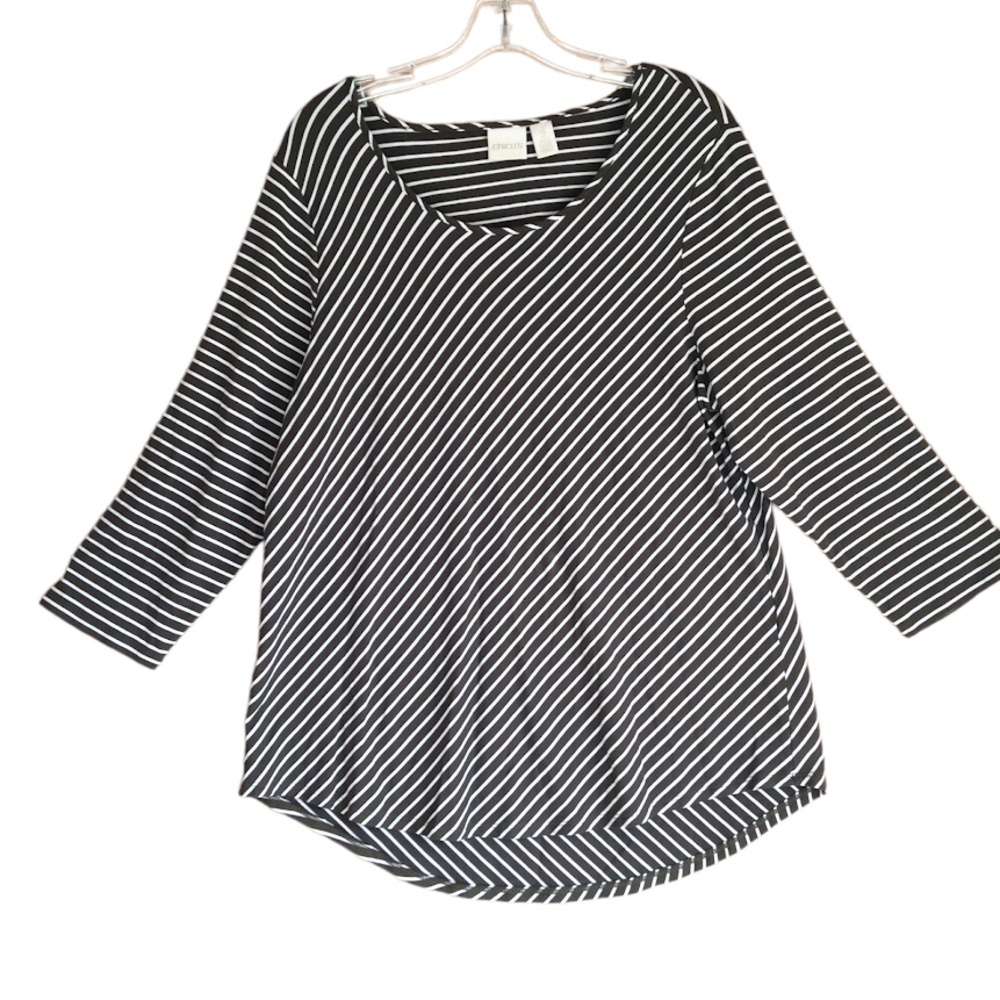 Chicos Striped Cutout Back Top Tunic Womens Sz 2 L Green Wht 3/4 Sleeve Coastal